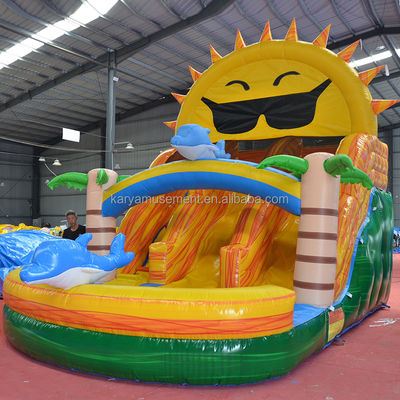 Double Lane Beach N Sonne aufblasbare Wasserrutsche beliebtes tropisches Palmbaum Design