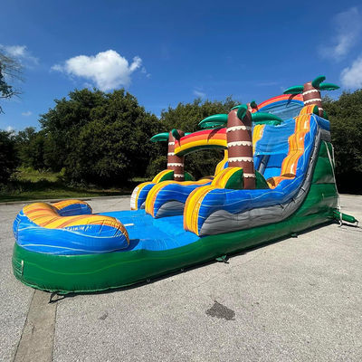 Versand erleichtert Kommerzielles PVC Tropenpalmenwasserrutsche aufblasbar mit Pool