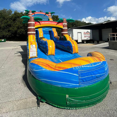 Versand erleichtert Kommerzielles PVC Tropenpalmenwasserrutsche aufblasbar mit Pool