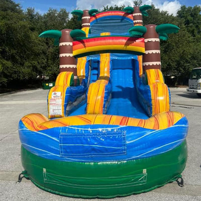 Versand erleichtert Kommerzielles PVC Tropenpalmenwasserrutsche aufblasbar mit Pool