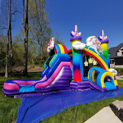 Kinder aufblasbare Spielzeuge Regenbogen Einhorn Trampolin Schloss aufblasbares Sprunghaus mit Rutsche