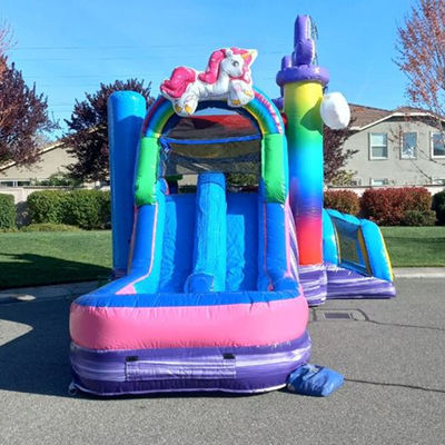 Kinder aufblasbare Spielzeuge Regenbogen Einhorn Trampolin Schloss aufblasbares Sprunghaus mit Rutsche