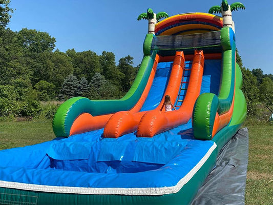 Maximalkapazität 100-500 kg Doppelspuriger aufblasbarer Wasserpark mit Pool und Palmbaumschleuse