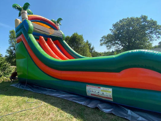 Maximalkapazität 100-500 kg Doppelspuriger aufblasbarer Wasserpark mit Pool und Palmbaumschleuse