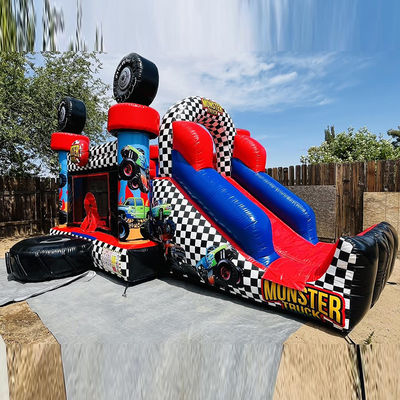 Unisex Rot Monster Truck Thema Aufblasbares Sprunghaus Combo Rutsche für Kinder Partyzeit
