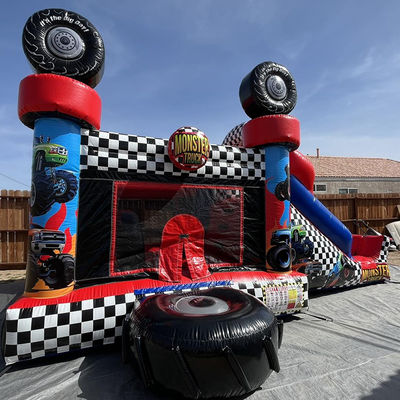 Unisex Rot Monster Truck Thema Aufblasbares Sprunghaus Combo Rutsche für Kinder Partyzeit