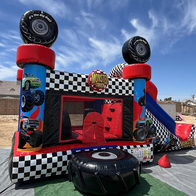Unisex Rot Monster Truck Thema Aufblasbares Sprunghaus Combo Rutsche für Kinder Partyzeit