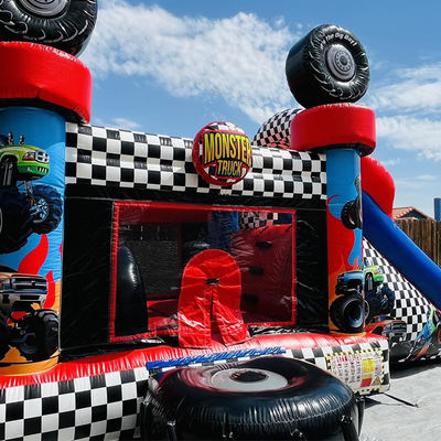 Unisex Rot Monster Truck Thema Aufblasbares Sprunghaus Combo Rutsche für Kinder Partyzeit