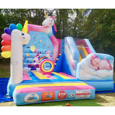 Kommerzielle PVC-Kinder-Trampolin-Spiele Regenbogen-Einhorn aufblasbare Spaß-Stadt mit Rutsche