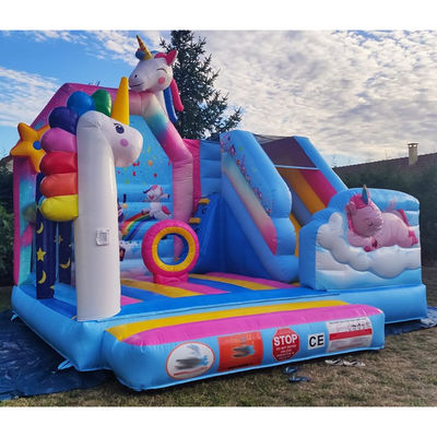 Kommerzielle PVC-Kinder-Trampolin-Spiele Regenbogen-Einhorn aufblasbare Spaß-Stadt mit Rutsche
