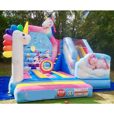 Kommerzielle PVC-Kinder-Trampolin-Spiele Regenbogen-Einhorn aufblasbare Spaß-Stadt mit Rutsche