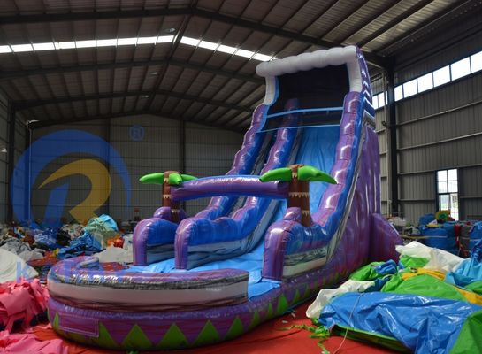 2023 Promotion Steile Erdrutsche Magische Palmenbaum Wasser lila Rutsche aufblasbar mit Pool