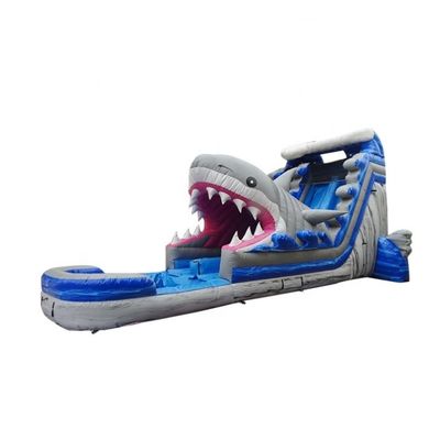 Populäre aufblasbare Wasserparkgeräte Große blaue 3D-Haie-Wasserrutschen mit Schwimmbad