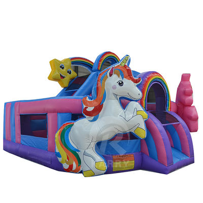 Outdoor Fun Commercial 0,55mm PVC Rainbow Unicorn Aufblaser mit nasser Trockenrutsche