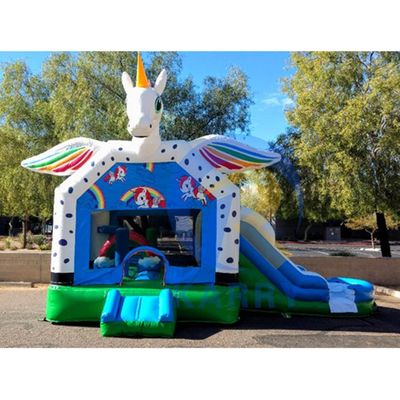 Kommerzielle Regenbogen-Punkte-Einhorn aufblasbare Sprungburg Combo-Slide OEM akzeptabel