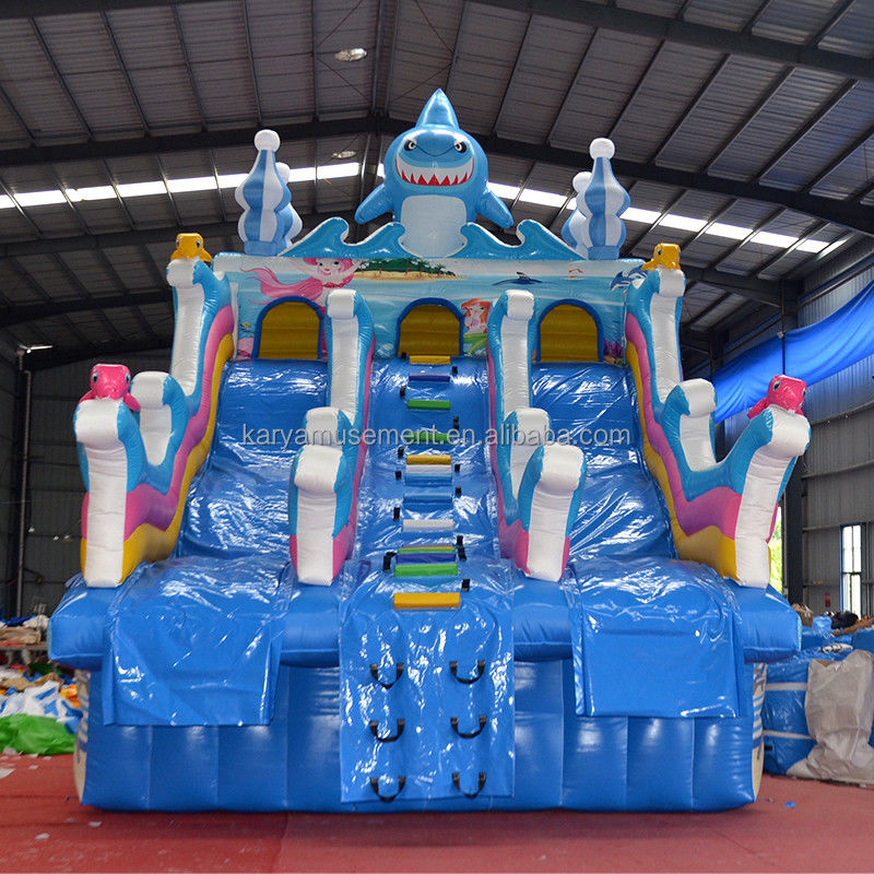 Aufblasbare Poolrutschen für Kinder Doppelspurige Hai-Design kommerzielle PVC-Wasserrutsche