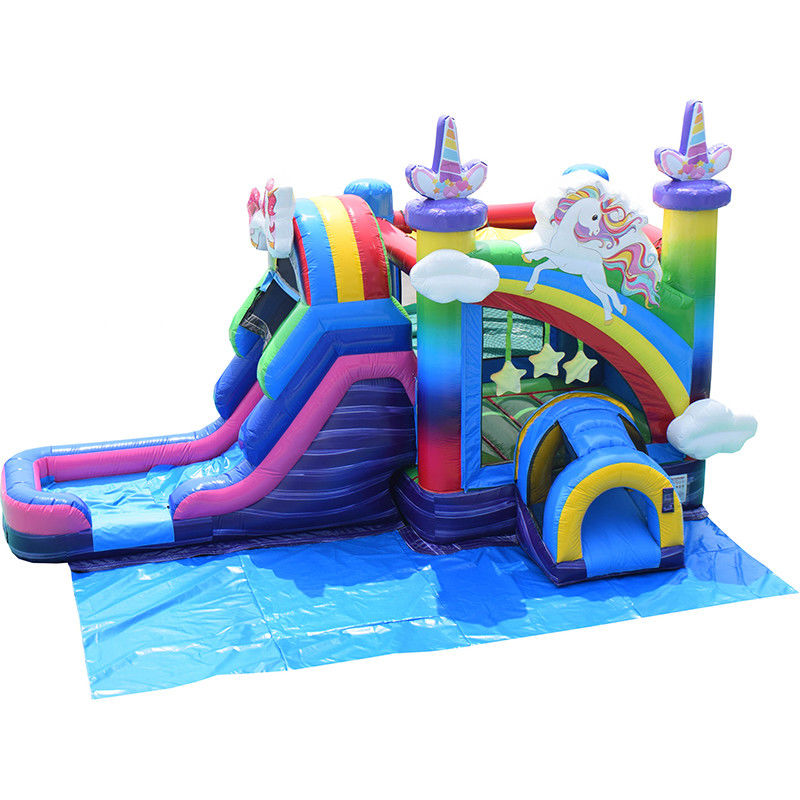 Kinder aufblasbare Spielzeuge Regenbogen Einhorn Trampolin Schloss aufblasbares Sprunghaus mit Rutsche