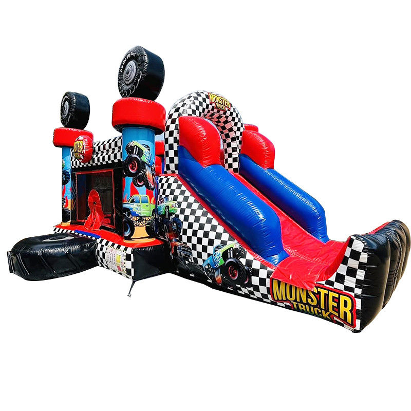 Unisex Rot Monster Truck Thema Aufblasbares Sprunghaus Combo Rutsche für Kinder Partyzeit
