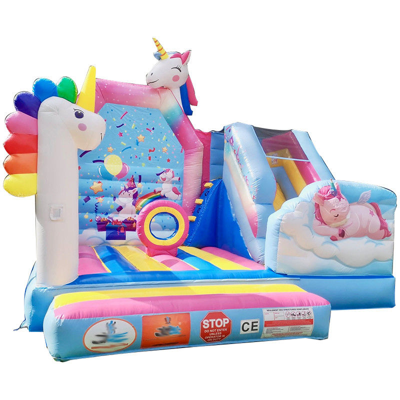 Kommerzielle PVC-Kinder-Trampolin-Spiele Regenbogen-Einhorn aufblasbare Spaß-Stadt mit Rutsche
