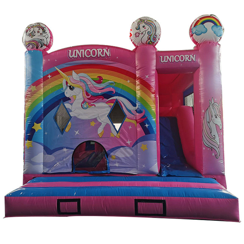 Kinder aufblasbare Spielzeuge Springende Burg Party Springen Regenbogen Einhorn Thema mit Trockenrutsche