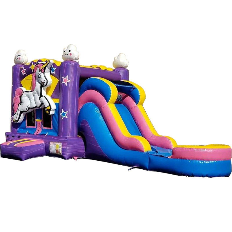 Unisex PORTABLE 3D Regenbogen-Einhorn aufblasbares Sprunghaus mit Rutsche und Kombowasserrutsche