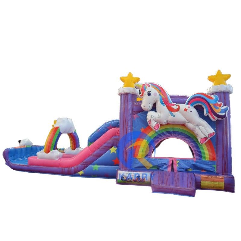 PVC Regenbogen Einhorn aufblasbarer Türsteherhaus mit aufblasbarer Poolrutsche und 3 in 1 Spiel