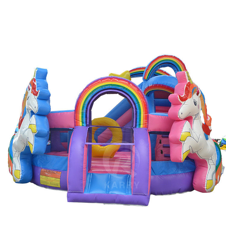 Outdoor Fun Commercial 0,55mm PVC Rainbow Unicorn Aufblaser mit nasser Trockenrutsche